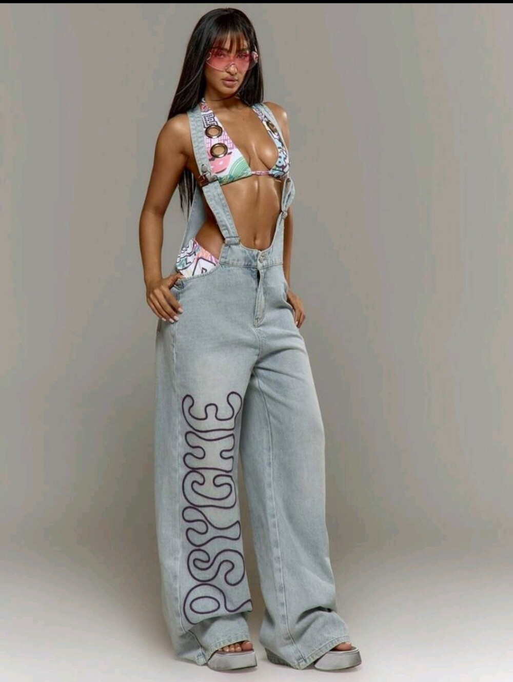 NEW Denim Dungarees Embroidered Baggy Overalls With "PSYCHE" Written Down Leg